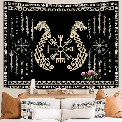OSUNBD Nordic Vikings Tapestry, Small 6051 inches Soft Flannel, Vegvsir Symbol Twins Dragons Celtic Rune Scandinavian Aesthetic Mythology Tapestry Wall Hanging for Bedroom Living Room Decor