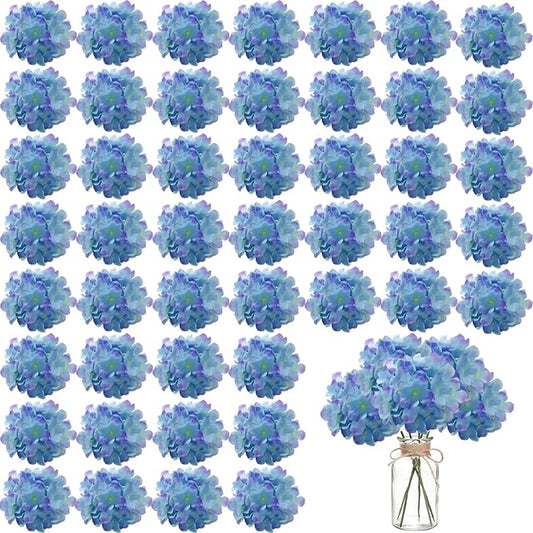 100PCS Artificial Hydrangea Flowers, Fake Flowers Silk Hydrangea Full Flowers Heads with Stems for Wedding Home Party Shop Baby Shower Decor (Blue Purple)