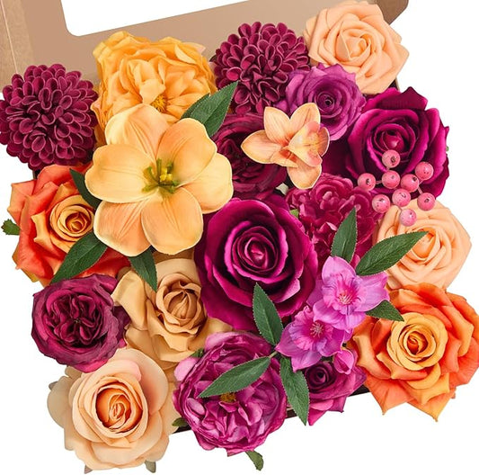 Alecono Artificial Flowers, Hot Pink and Orange Silk Fake Flowers for DIY Wedding Bridal Bouquets, Wedding Cake Flowers for Table Centerpieces Party Home Decorations