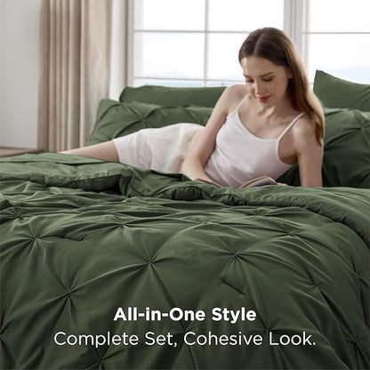 Bedsure Queen Comforter Set Olive Green - Bed in a Bag Queen Size Bedding 7 Pieces, GentleSoft™ Pintuck Bed Set Gift for Family, Pinch Pleat All Season Comforter with Sheets, Pillowcases & Shams