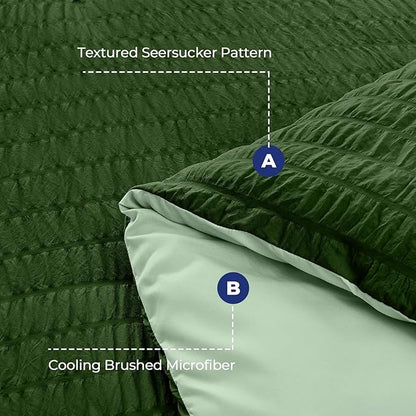 HYMOKEGE Dark Green/Sage Green Twin XL Comforter Set Seersucker 5 Pieces, All Season Luxury Bed in a Bag for Bedroom, Bedding Set with Comforter, Sheets, Pillowcase & Sham