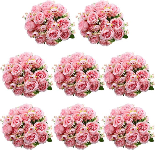 Geosar 8 Bundles Artificial Peonies Flowers Fake Silk Peony Bouquet Faux Peonies Flowers Bulk for Decoration Vase Floral Arrangements Wedding Party Table (Pink)