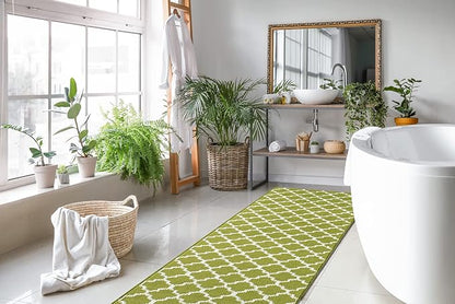 Custom Size Moroccan Trellis Runner Rug Mat for Wide Hallway Entryway Kitchen Laundry Room with Slip Resistant Latex Rubber Backing, Trellis Green, 31 inch X 10 feet