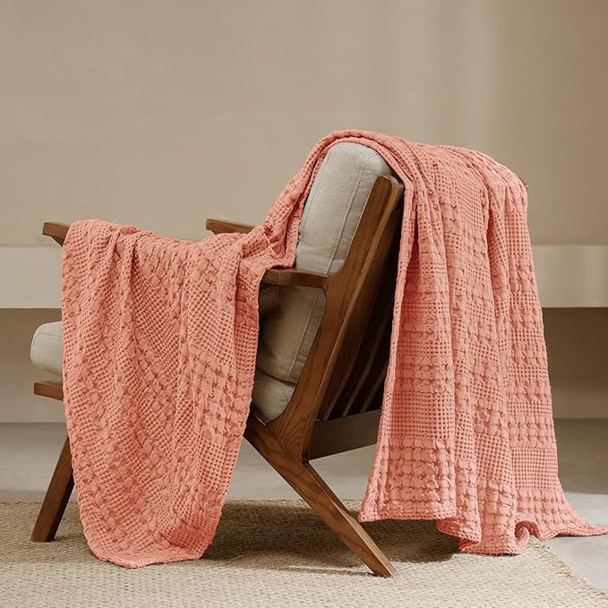 PHF 100% Cotton Waffle Weave Throw Blanket, Soft Lightweight Breathable Cozy Throws for Couch Bed Sofa, Luxury Aesthetic Woven Blanket for Home Decor & Office, 50"x60", Canyon Clay