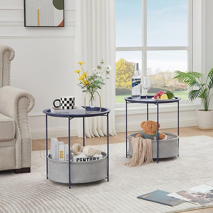 VECELO Round Side/End Table with Fabric Storage Basket，Metal Anti-Rust and Waterproof Small Bedside Nightstand with Removable Tray Top for Living Room，Balcony & Laundry，Blue /2pcs with Basket