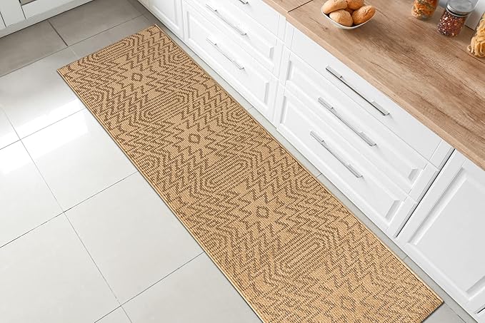 Custom Length Cut to Size Tribal Ethnic Southwestern Inspired Hallway Runner Rug, Non Slip Rubber Backed, 31 inch Wide X Customized Length, Inca Tan, 31 inch X 9 feet