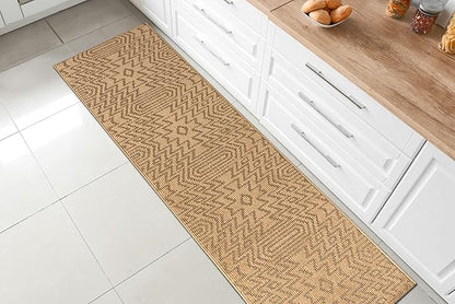 Custom Length Cut to Size Tribal Ethnic Southwestern Inspired Hallway Runner Rug, Non Slip Rubber Backed, 31 inch Wide X Customized Length, Inca Tan, 31 inch X 14 feet