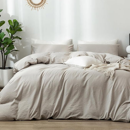 MooMee Bedding Duvet Cover Set 100% Washed Cotton Linen Like Textured Breathable Durable Soft Comfy (Heathered Cream Grey, Oversized King Plus 128"x120")