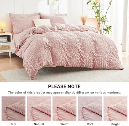 HYMOKEGE Rose Gold Twin Comforter Set Seersucker 5 Pieces, All Season Luxury Bed in a Bag Queen for Bedroom, Bedding Set with Comforter, Sheets, Pillowcase & Sham