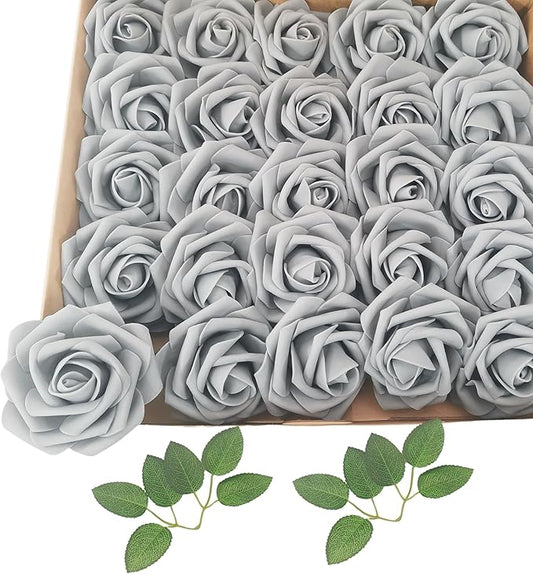 Grey Roses Artificial Flowers 25 PCS, Fake Rose Flower Heads Flowers with Stem for DIY Bouquets Wedding Decorations Centerpieces Arrangements Party Home Decor