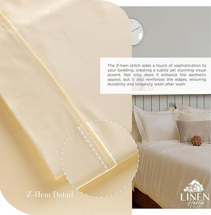 Linen Home 100% Cotton Percale Sheets California King Size, Ivory, Deep Pocket, 4 Pieces Set - 1 Flat, 1 Deep Pocket Fitted Sheet and 2 Pillowcases, Crisp Cool and Strong Bed Linen