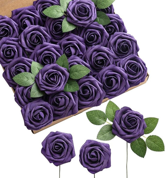 Ling's moment Artificial Flowers 25Pcs Deep Purple Roses Decor w/Stems,3" Real Touch DIY Foam Floral for Wedding Bouquet/Centerpieces, Outdoors Party Backdrop, Room/Table, and Garden/Pot Decorations