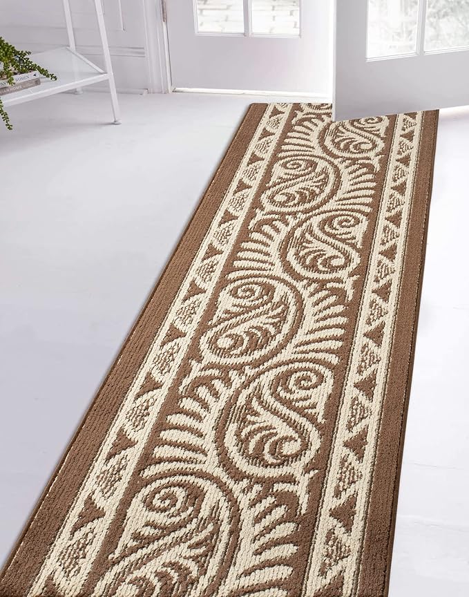 Custom Length Cut to Size Tribal Ethnic Southwestern Inspired Hallway Runner Rug, Non Slip Rubber Backed, 31 inch Wide X Customized Length, Mayan Brown, 31 inch X 16 feet