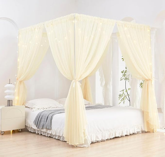 Akiky Ivory Canopy Bed Curtains with Lights 8 Panel Canopy Curtains Drapes for Twin Size Bed Large Rod Pocket Sheer Canopy Bed Drapes