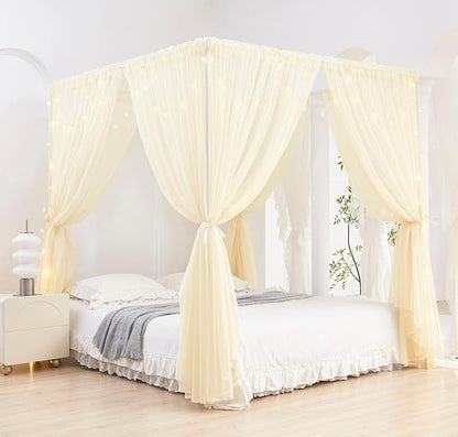Akiky Ivory Canopy Bed Curtains with Lights 8 Panel Canopy Curtains Drapes for Full Queen Size Bed Large Rod Pocket Sheer Canopy Bed Drapes