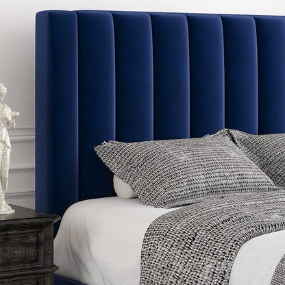 Allewie King Platform Bed Frame/Velvet Upholstered Bed Frame with Vertical Channel Tufted Headboard/Strong Wooden Slats/Mattress Foundation/Box Spring Optional/Easy Assembly/Navy Blue