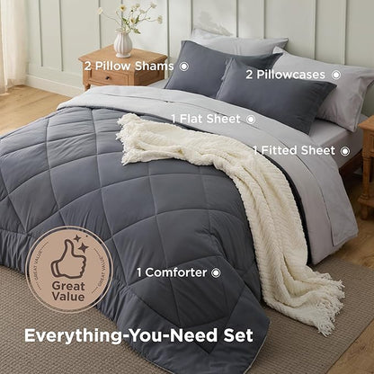 Bedsure King Size Comforter Set - 7 Pieces Reversible Dark Grey Bedding, King Size Bed Set for All Seasons, Bed in a Bag with Down Alternative Comforter, Sheets, Pillowcases & Shams