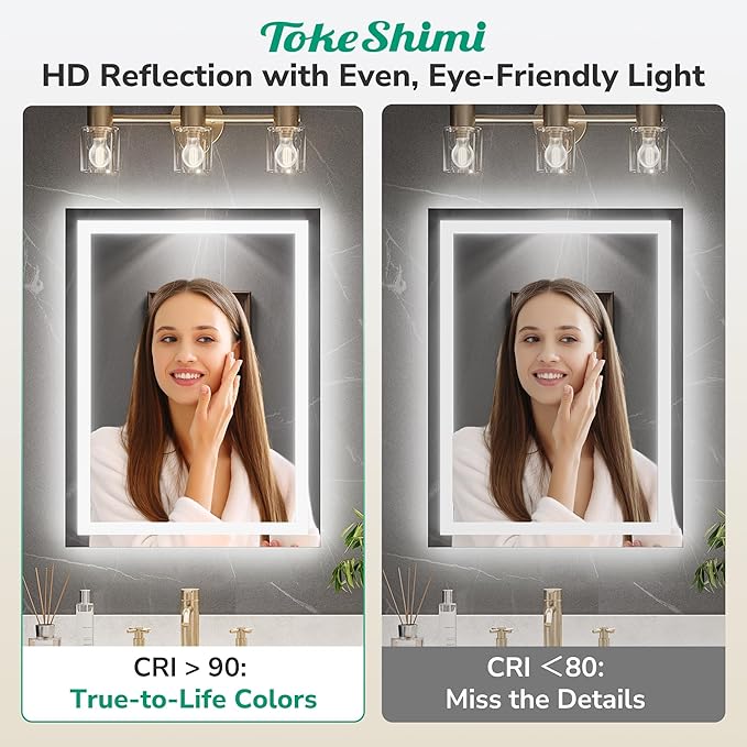 TokeShimi 42x36 LED Mirror for Bathroom,Front Lit + Backlit Light Up Bathroom Mirror,Anti-Fog Lighted Mirrors,Dimmable 3 Colors,Memory Function,Tempered Glass,Waterproof,UL Listed