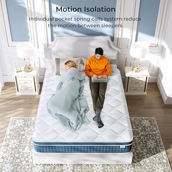 koorlian Queen Mattress 12 Inch, Hybrid Queen Bed Mattress with Individual Pocket Springs and Pressure-Relieving Memory Foam, Breathable, Medium Firm Mattress in a Box Queen Size 80"x60"x12"