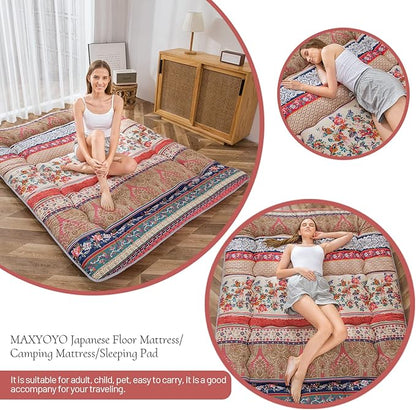 MAXYOYO Bohemian Retro Floor Mattress Vintage Floral Japanese Futon Mattress Roll Up Thicken Sleeping Bed Portable Camping Mattress Floor Lounger Couch Bed Mattress Pad, Twin Size