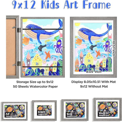 KINLINK 9x12 Kids Art Frames Set of 2, Solid Wood Kids Artwork Frames Changeable with Acrylic Front Opening Holds 150 Pictures, Art Frame for Kids Artwork with Mat or without Mat, Grey