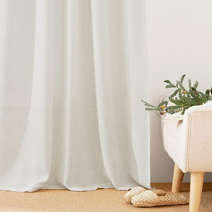 RYB HOME Linen Blend Curtains for Kitchen Bedroom, Thick Heavy Textured Breathable Light Filtering Semi Sheer Short Drapes for Small Window Sunroom, W 42 x L 45 inches, Linen, 2 Panels