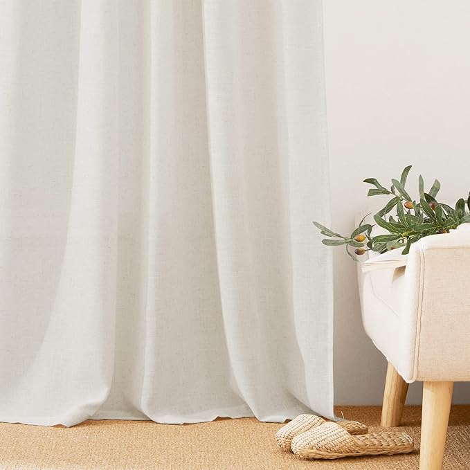 RYB HOME Natural Linen Sheer Curtains - Light Filtering Privacy Lightweight Wrinkle-Resistant Boho Farmhouse Grommet Panels for Living Room Kitchen Bedroom, W 60 x L 90 inches, Linen, 1 Panel