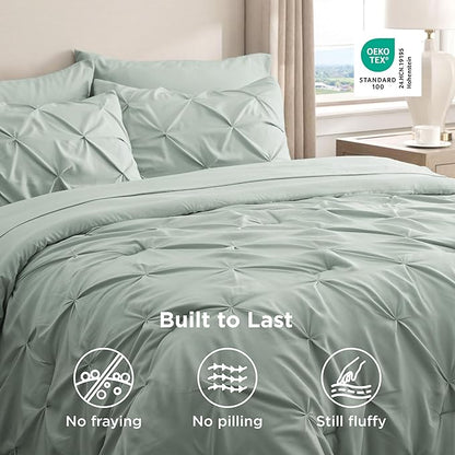 Bedsure Twin Comforter Set Sage Green - Bed in a Bag Twin Size Bedding 5 Pieces, GentleSoft™ Pintuck Bed Set Gift for Family, Pinch Pleat Sage Green Comforter with Sheets, Pillowcase & Sham