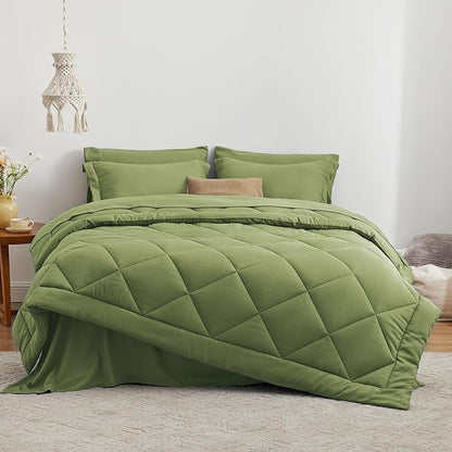 Love's cabin King Size Comforter Set Olive Green, 7 Pieces King Bed in a Bag, All Season Bedding Sets with 1 Comforter, 1 Flat Sheet, 1 Fitted Sheet, 2 Pillowcase and 2 Pillow Sham