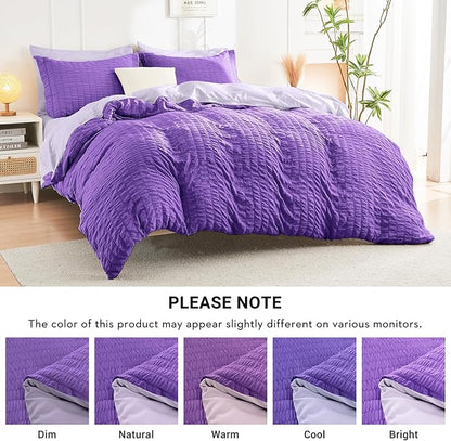 HYMOKEGE Dark Purple/Lavender Full Size Comforter Sets Seersucker 7 Pieces, All Season Luxury Bed in a Bag for Bedroom, Bedding Set with Comforter, Sheets, Pillowcases & Shams