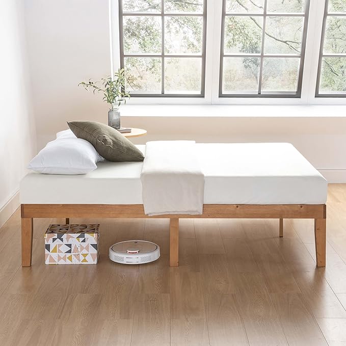 Mellow Naturalista Classic 16 Inch Solid Wood Platform Bed with Wooden Slats, Natural Pine, Queen