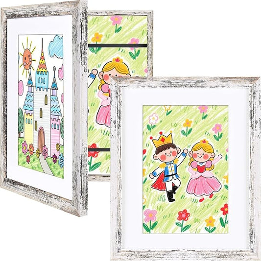 KINLINK 8.5x11 Kids Art Frames Set of 2, Solid Wood Kids Artwork Frames Changeable with Acrylic Front Opening Holds 150 Pictures, Art Frame for Kids Artwork with Mat or without Mat, Rustic White