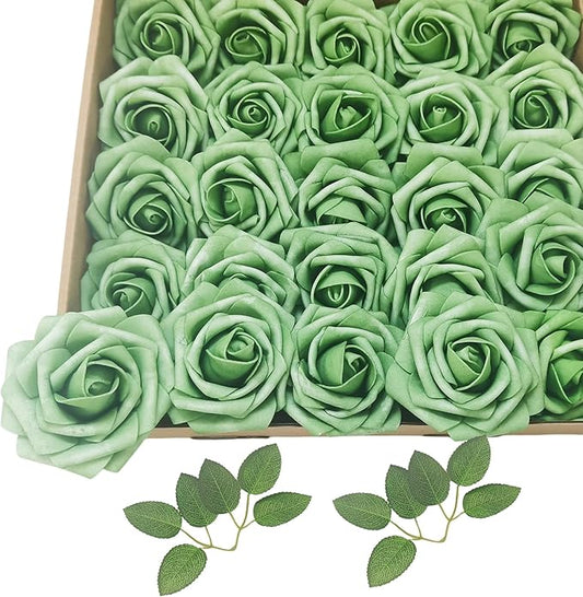 Artificial Rose Flowers 25pcs, Military Green Foam Fake Rose Faux Flower for Wedding Bouquets Bridal Shower Centerpieces Floral Arrangements Home Decorations Party Backdrops Table