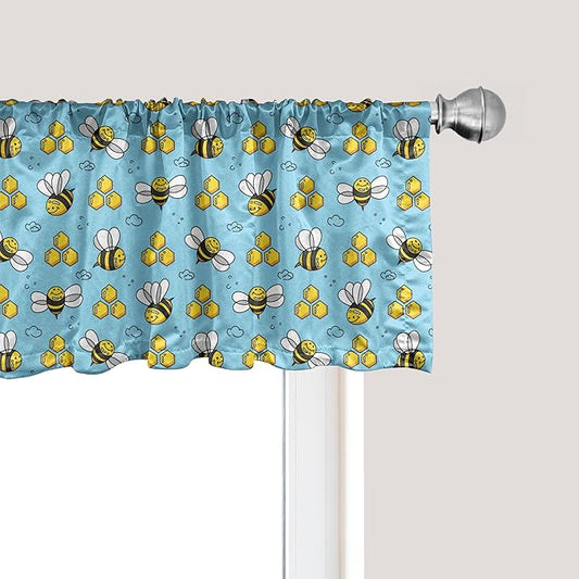 Ambesonne Cartoon Window Valance, Summer Style Funny Demonstration of Happy Flying Characters and Hexagon Comb, Curtain Valance for Kitchen Bedroom Decor with Rod Pocket, 54" X 12", Sky Blue Mustard