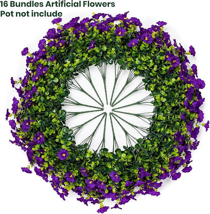 Artificial Faux Flowers for Outdoor 16 Bundles Boxwood Fake Morning Glory for Planter,UV Resistant Fake Flowers for Home Porch Patio Outside（Purple）