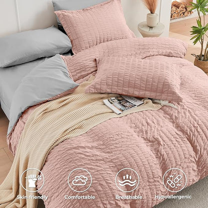 HYMOKEGE Rose Gold/Light Grey Queen Comforter Set Seersucker 7 Pieces, All Season Luxury Bed in a Bag Queen for Bedroom, Bedding Set with Comforter, Sheets, Pillowcases & Shams