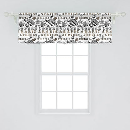 Ambesonne Modern Window Valance Pack of 2, Coffee Beans with Ornamental Words Ethiopians Pattern, Rod Pocket Curtain Valances for Kitchen Bedroom, 42" X 18", Sand Brown Black