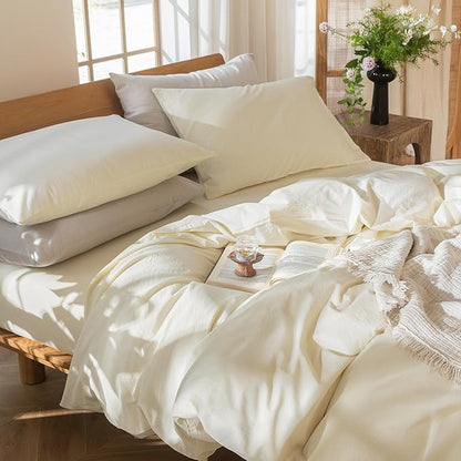 MooMee Bedding Duvet Cover Set 100% Washed Cotton Linen Like Textured Breathable Durable Soft Comfy (Solid Cream White, Oversized Queen 98"x98")