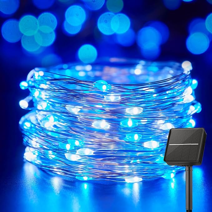 Minetom Solar String Lights for Outside, 33Ft 100 LED Outdoor Solar Fairy Lights, 8 Modes Balcony Lights for Tree Patio Christmas Party Decor (Blue and White)