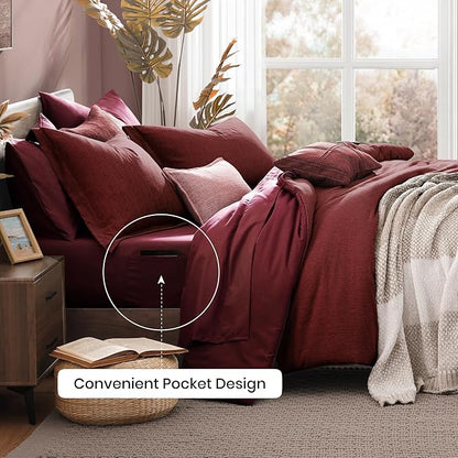 Monbix King Size Comforter Set Red, Cationic Dyeing Reversible Bedding Set 7 Pieces, All Season Bed in a Bag with Sheets, Pillowcases & Shams