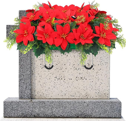 Christmas Cemetery Decorations for Grave Headstone Flower Saddle Artificial Flower Saddles Red Poinsettia Outdoor Memorial Headstone Realistic Bouquet(Red,Classic Style)