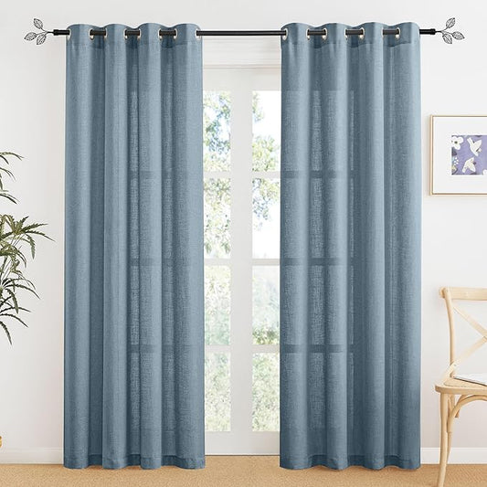 RYB HOME Stone Blue Semi Sheer Curtains 84 inches Long, Grommet Easy Sliding Light Filtering Half Privacy Window Curtains & Drapes for Bedroom Living Room Farmhouse, W 52 x L 84 inches, 2 Pcs