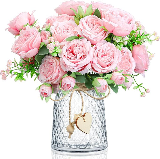 Geosar 2 Bundles Artificial Peonies Flowers Fake Silk Peony Bouquet Faux Peonies Flowers Bulk for Decoration Vase Floral Arrangements Wedding Party Table (Pink)