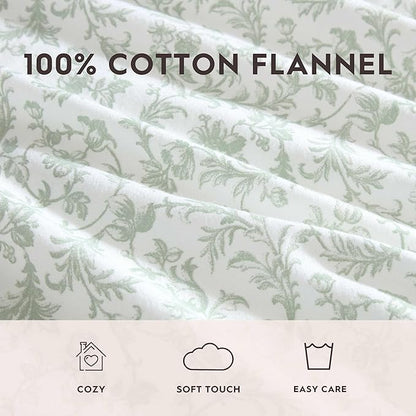 Laura Ashley - Flannel Sheets King Size, Anti-Pilling & Wrinkle Resistant Cotton, Touchably Soft for All-Season Comfort - Bed Sheets with Matching Pillowcases & Fitted Sheet (Brinna Green)