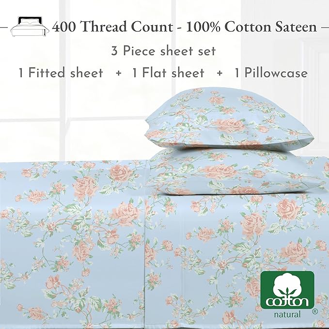 California Design Den Floral Deep Pocket Twin Sheets Set - 400 Thread Count Sateen, Natural 100% Cotton Sheets, Cooling and Durable Bedding Set - Antique Rose