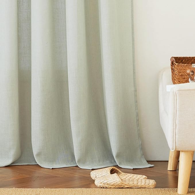 RYB HOME Green Linen Sheer Curtains 70 inches Widith, Light Filtering Vertical Decorative 84 Inches Long 2 Panels Set Window Treatments for Bedroom, Sage Green, W 70 x L 84 inches