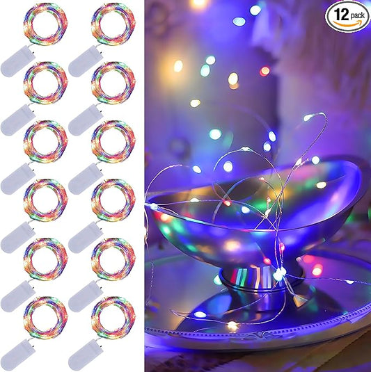 WATERGLIDE 12 Pack Colorful Fairy Lights Battery Operated (Included), 7 ft 20 LED Mini String Lights, Waterproof Silver Wire Firefly Starry Light for DIY Wedding Christmas Party Mason Jars Decor