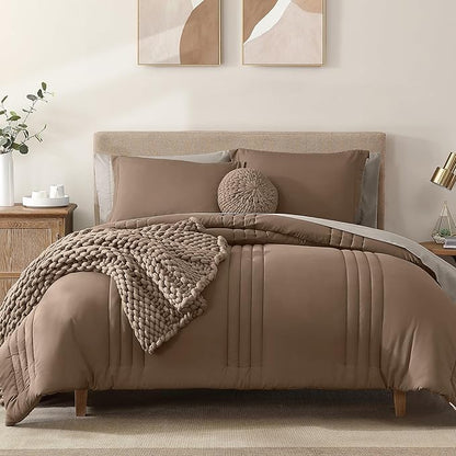 Monbix Queen Comforter Set - 7 Pieces Raw Umber Bed in a Bag Queen Bedding Sets with Comforters, All Seasons Down Alternative Comforter Bed Set with Sheets,Pillowcases & Shams