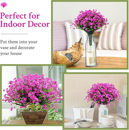 Hoteam 50 Bundles Outdoor Artificial Flowers Plants Uv Resistant Outside Faux Flowers Plastic Fake Plants Outdoor Summer Fall Four Seasons Decoration Shrubs Garden Porch Box, Purple Red