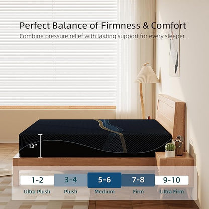 Crystli King Mattress 12 Inch, Gel Memory Foam King Size Mattresses, Activated Charcoal Infused, Medium Firm Bed Mattress in a Box for Pressure Relief, Fiberglass-Free, CertiPUR-US Certified, Black